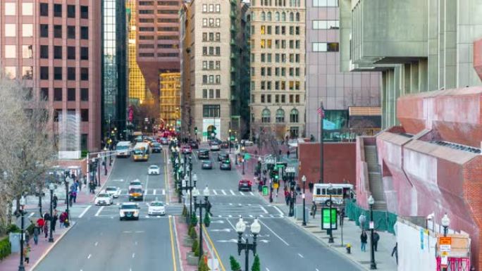 4K时间流逝的波士顿城市生活和交通道路在马萨诸塞州，美国