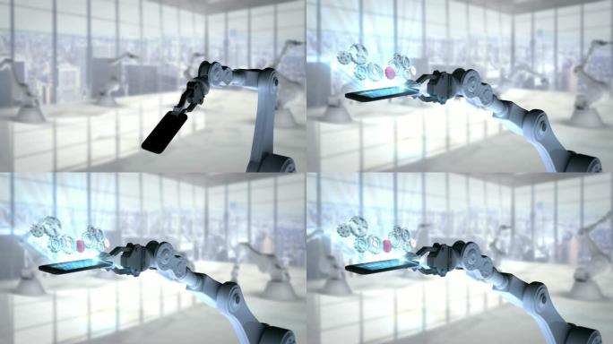 机器人手展示带齿轮图标的发光手机