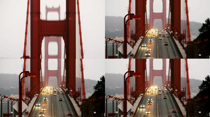 相机在标志性的日落金门大桥柱上倾斜，在著名的旧金山加利福尼亚州，汽车交通缓慢。