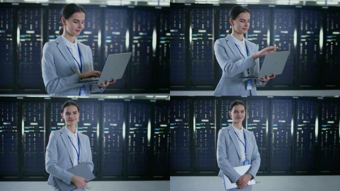 女性IT专家正在服务器机架旁边的数据中心中的笔记本电脑上工作。她合上笔记本电脑，对着镜头微笑。