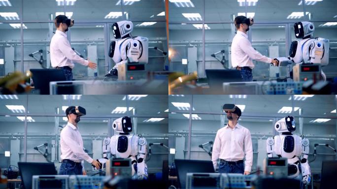 虚拟现实游戏概念。工人和机器人握手，同时问候。