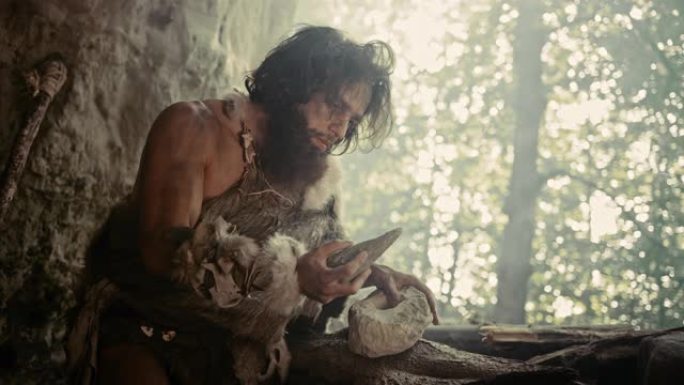戴着动物皮的原始穴居人拿着锋利的石头，并制造了第一个原始工具来狩猎动物猎物或处理生皮。尼安德特人使用