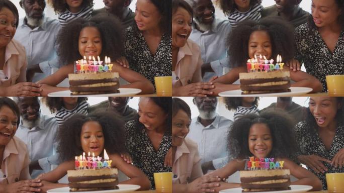 多代家庭在家用蛋糕和蜡烛庆祝孙女生日