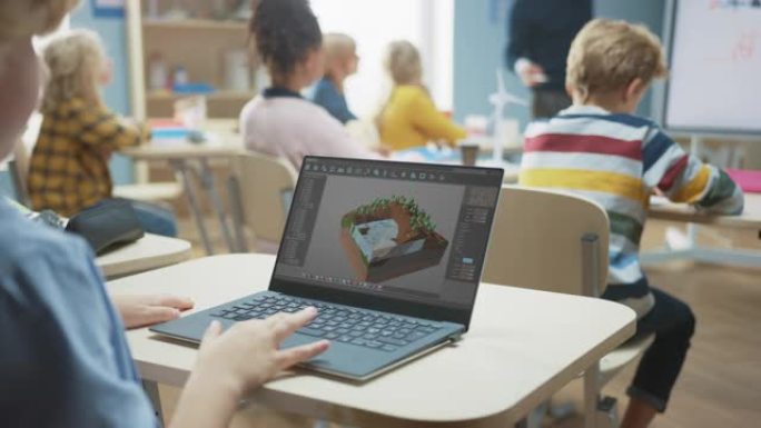 小学计算机科学教室: 使用笔记本电脑设计3D游戏的孩子的肩膀，在战略角色扮演视频游戏中建立水平