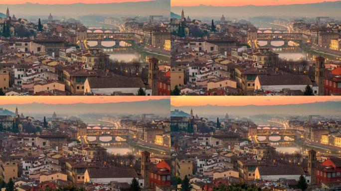 意大利佛罗伦萨的日落景色。傍晚佛罗伦萨老城区的时光流逝，城市灯光。缩小镜头，4K UHD