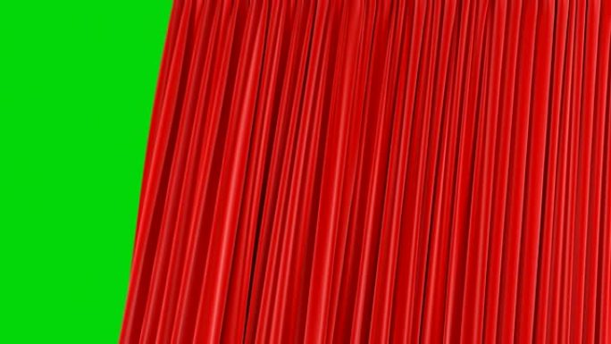 美丽的无缝红色单窗帘在绿色屏幕上打开和关闭。循环3d动画抽象现实窗帘揭示背景。适用于过渡阿尔法掩码