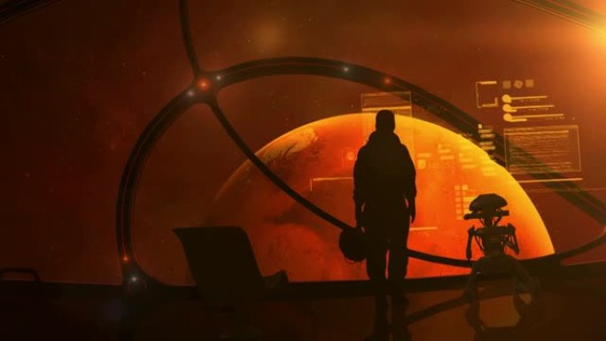 宇航员正站在一艘接近火星的船的舷窗处。
