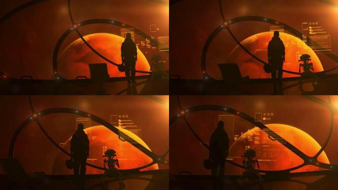 宇航员正站在一艘接近火星的船的舷窗处。