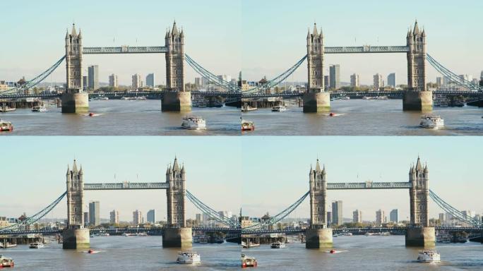 伦敦晴天，观光船在泰晤士河塔桥下经过