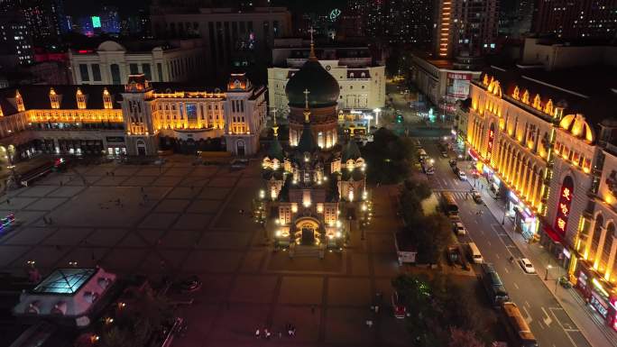 哈尔滨索菲亚大教堂夜景航拍