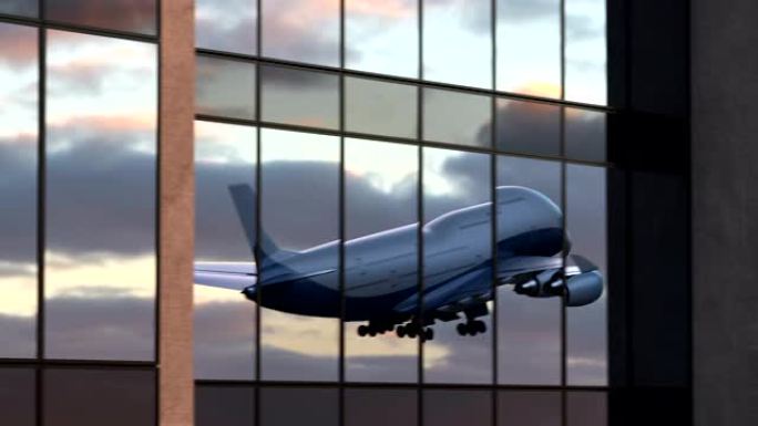 飞机在机场窗户的反射中起飞