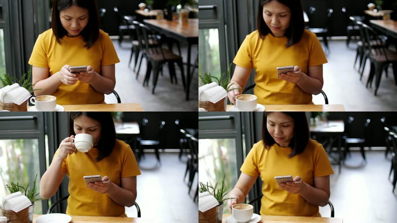 亚洲女子用手机在loft cafe喝咖啡，慢动作