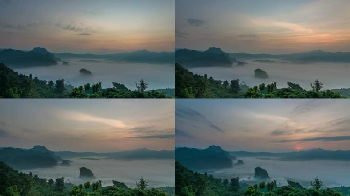 泰国帕尧省Phulangka日出时，薄雾与山流淌的奇妙景观的时间流逝。4k剪辑