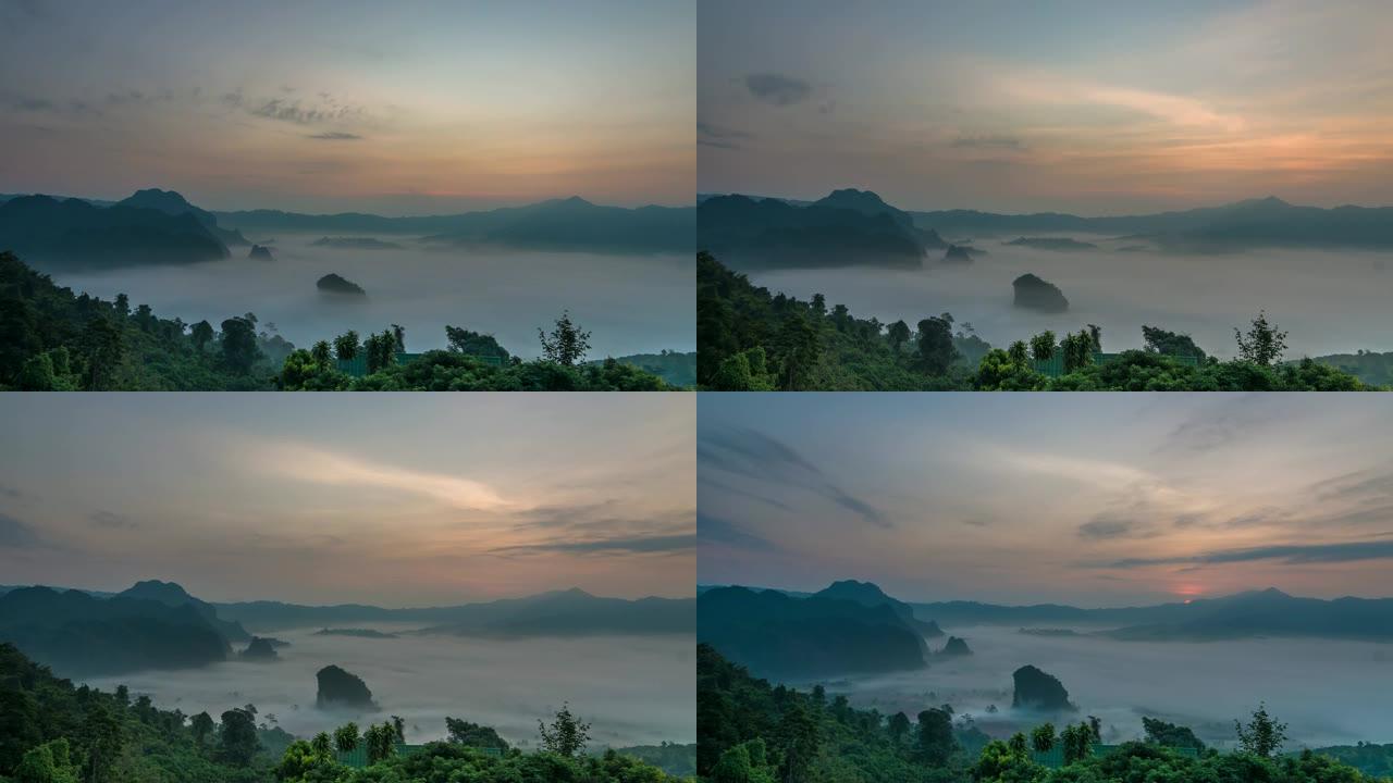泰国帕尧省Phulangka日出时，薄雾与山流淌的奇妙景观的时间流逝。4k剪辑