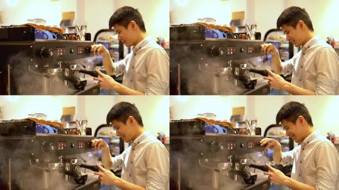 一个小企业主咖啡师在咖啡馆为他的顾客准备咖啡