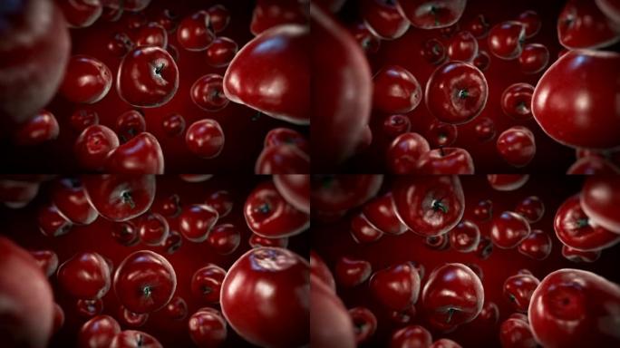 鲜果苹果，4k动画慢动作。3d渲染红色苹果红色背景。