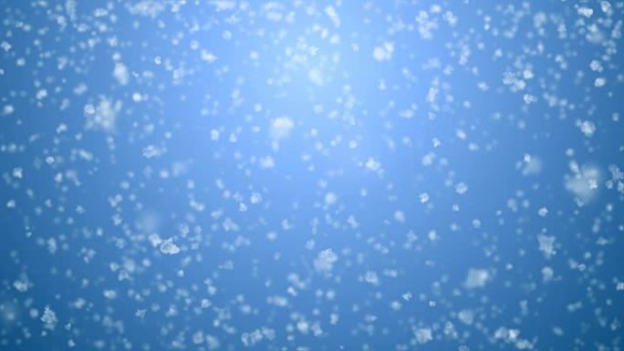 特写大片雪花飞舞。蓝色渐变3d动画上的降雪无缝。环形白色雪花随着dop模糊落下。节日庆典概念。