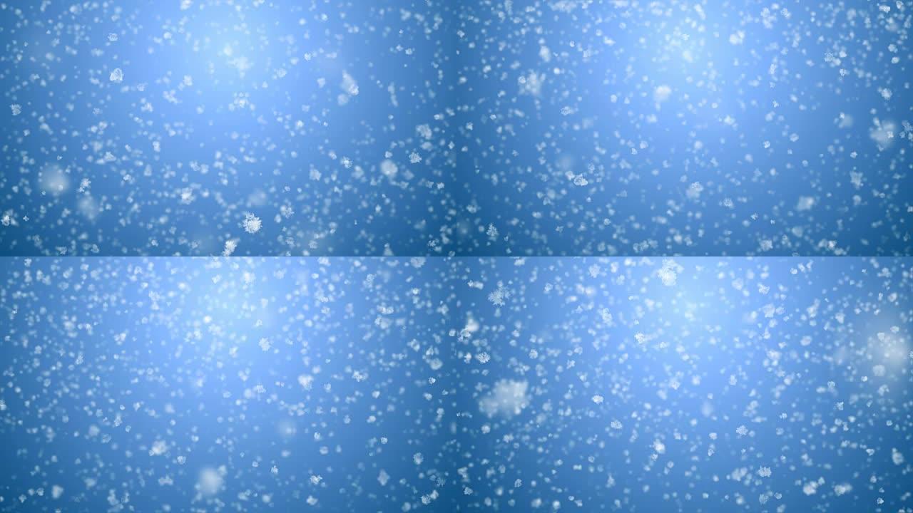 特写大片雪花飞舞。蓝色渐变3d动画上的降雪无缝。环形白色雪花随着dop模糊落下。节日庆典概念。