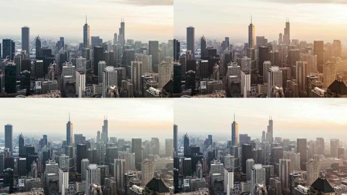 日落时芝加哥天际线的T/L平底锅高角度视图