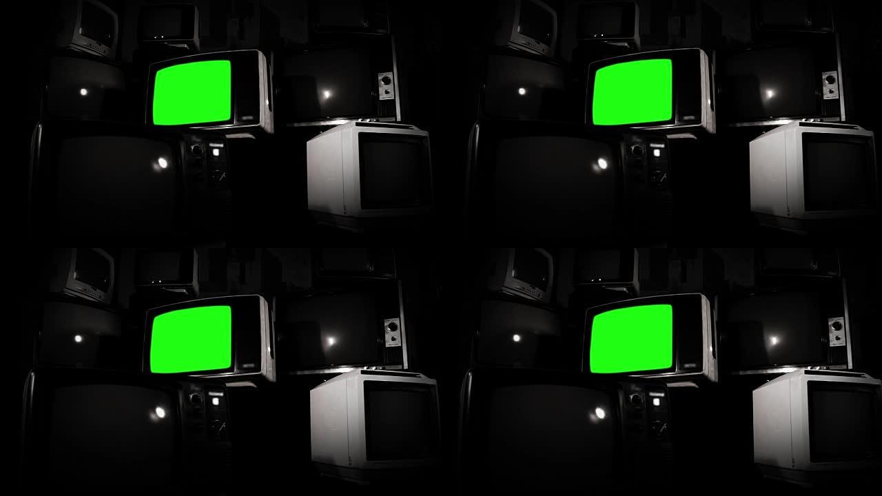 带绿色屏幕的老式电视。黑白镜头。