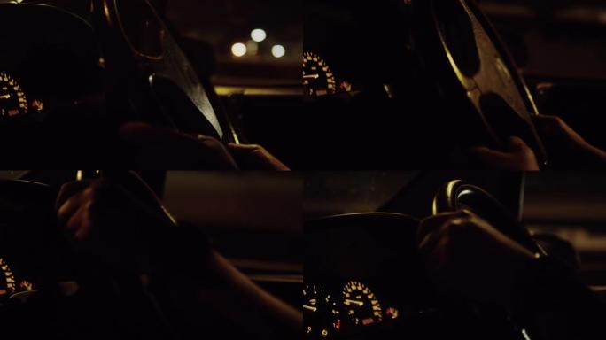 男人晚上开车进城。