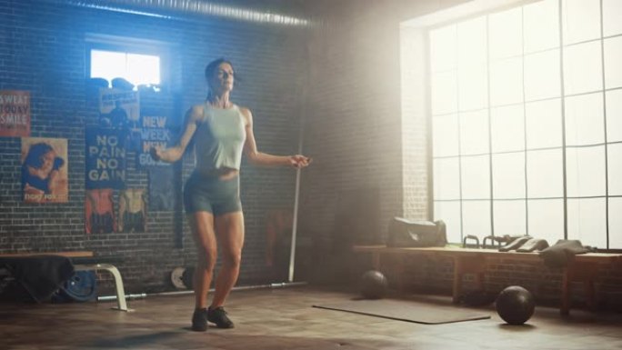 强壮的运动女性在阁楼风格的工业健身房用跳绳锻炼。她专注于激烈的交叉健身训练项目。设施墙上有励志海报。