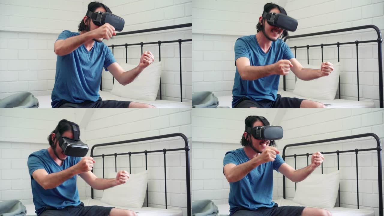 年轻的亚洲男子使用眼镜虚拟现实模拟器在卧室玩赛车游戏，日本男子感到快乐使用放松时间躺在家里的床上。青