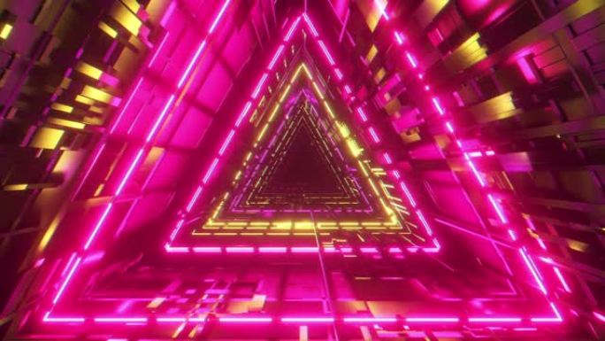 美丽的抽象三角隧道，紫色光线快速移动。背景未来主义走廊与霓虹灯。无缝循环3d渲染
