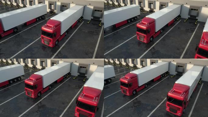 红色半挂卡车从仓库装卸码头离开。无缝回路