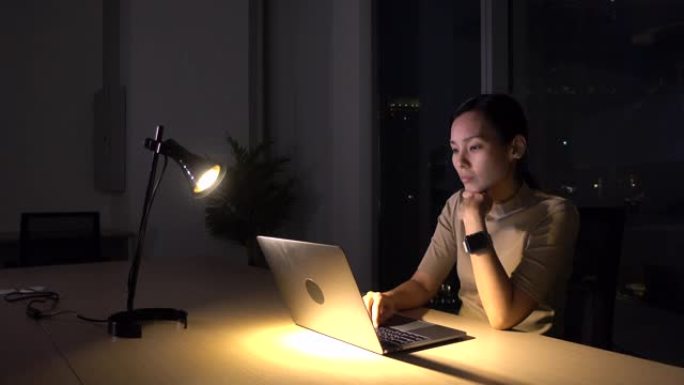 女商人晚上在办公室用笔记本电脑工作，努力工作，工作到很晚