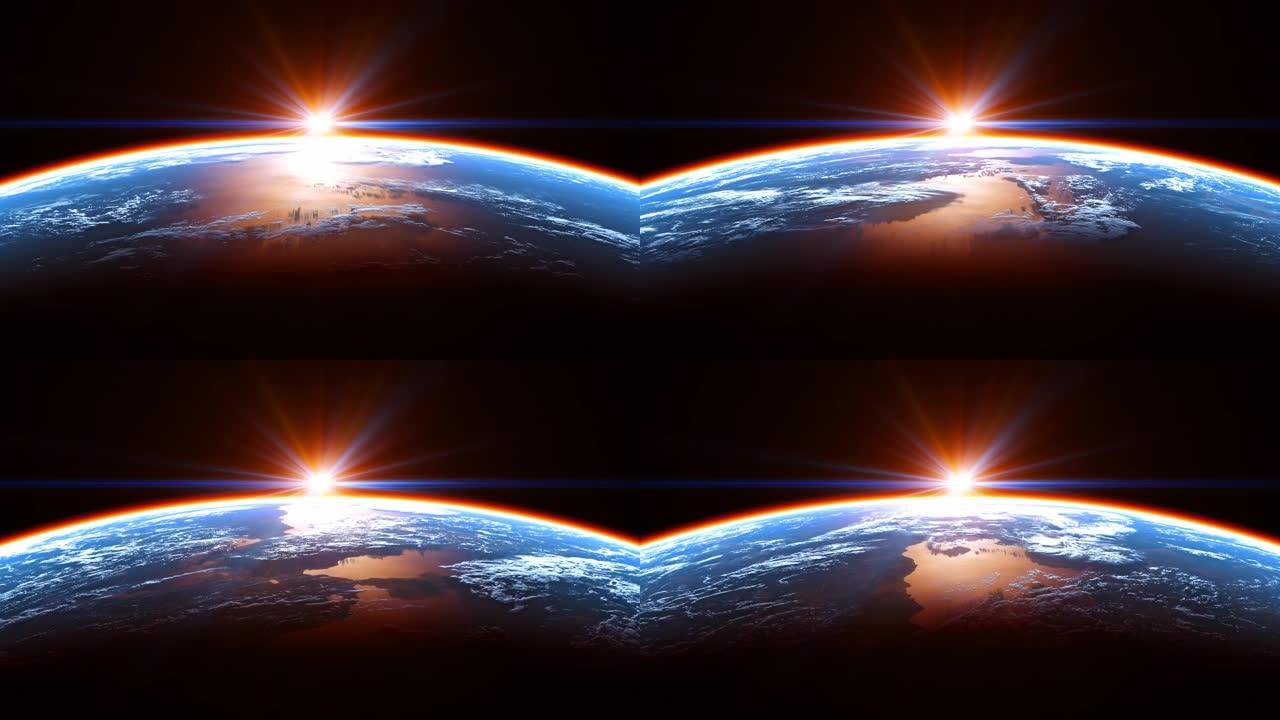 从太空中看到地球的惊人景色，在太阳的光线中发光的大气层