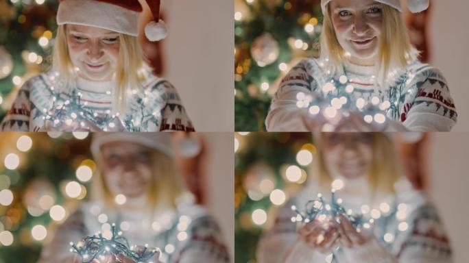 女士的肖像，一个女人用圣诞灯伸出双手