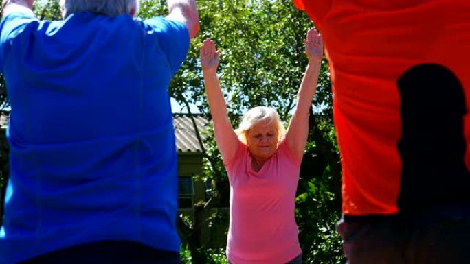 活跃的混血老年人在养老院4k花园中表演瑜伽