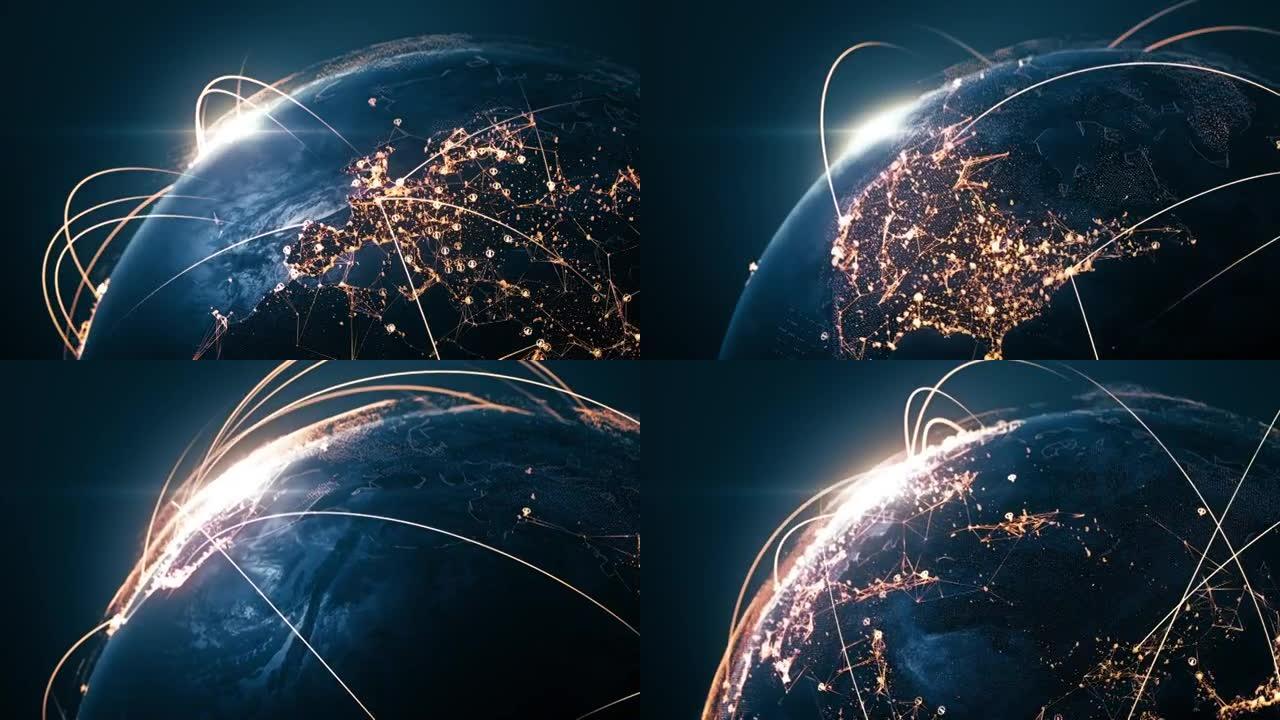 带连接线的4k地球仪 (特写)-六秒钟后可循环-国际网络/飞行路线