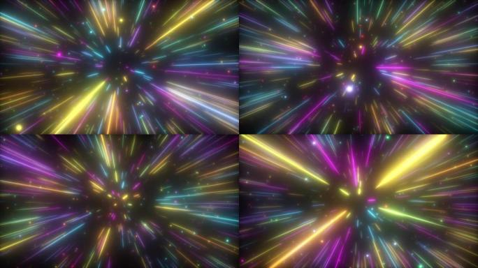 宇宙超空间背景。光速、霓虹灯发光的抽象光线和运动中的星星。穿过星星。无缝循环4k动画
