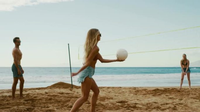 运动女子以风度和风度服务排球