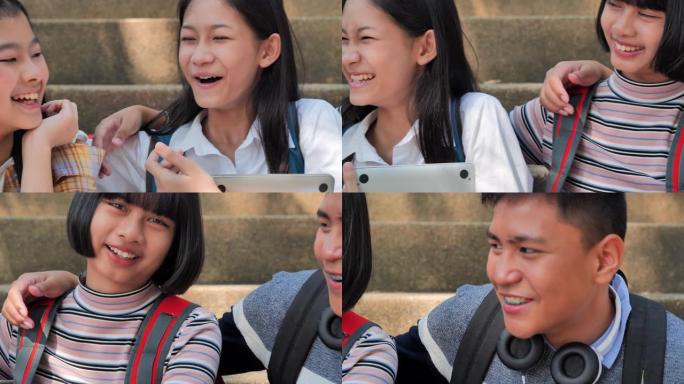 亚洲团体青少年学校朋友一起笑的慢动作肖像。教育，返校，人，生活方式，友谊概念。