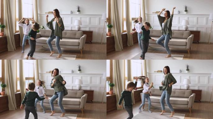 快乐的单身母亲和有趣的孩子在家跳跳舞