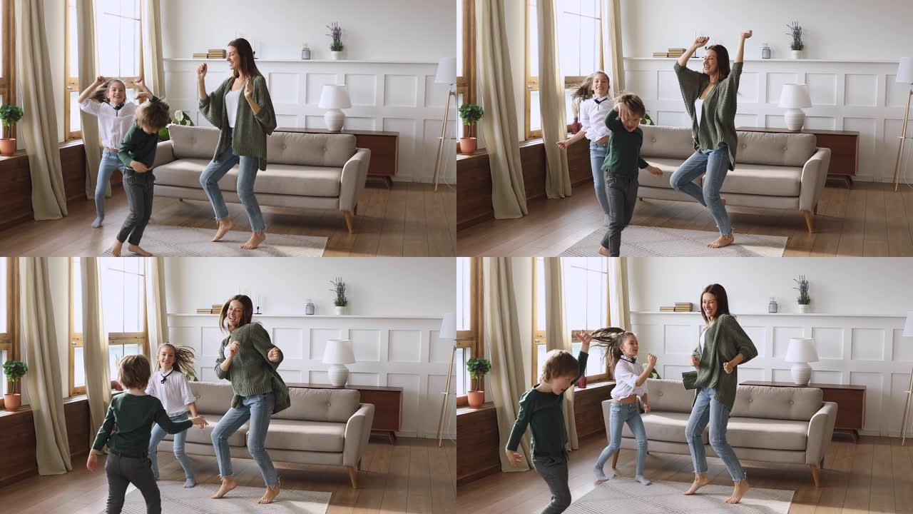 快乐的单身母亲和有趣的孩子在家跳跳舞