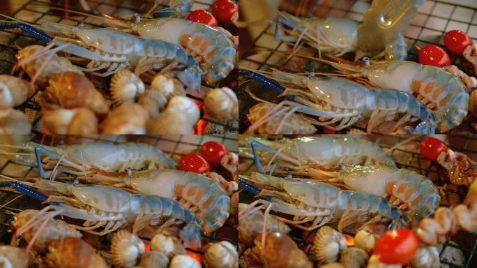 用热火焰烧烤海鲜街上美味炭烤