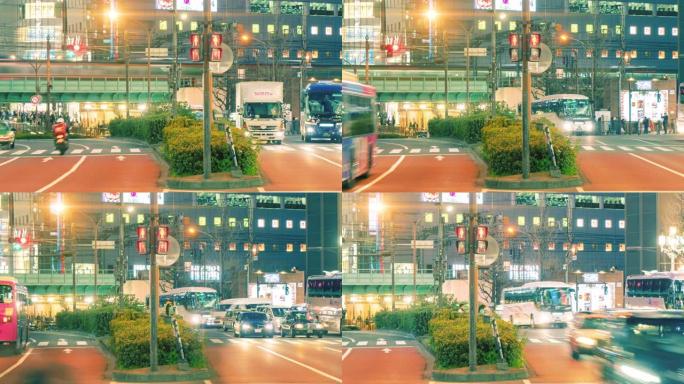 晚上，一群人走过东京的十字路口，时间流逝4k向右平移