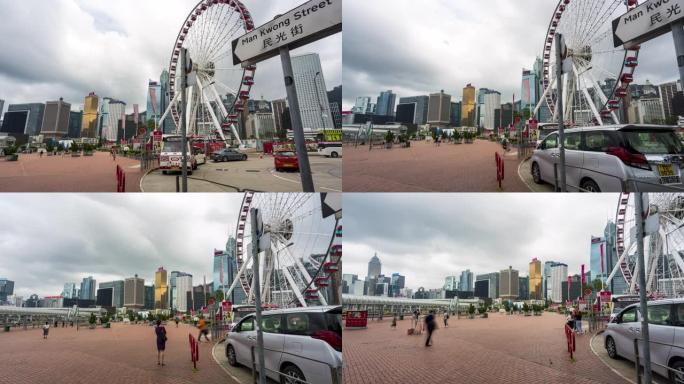 4K UHD延时: 香港中区的摩天轮和城市现代城市景观背景。