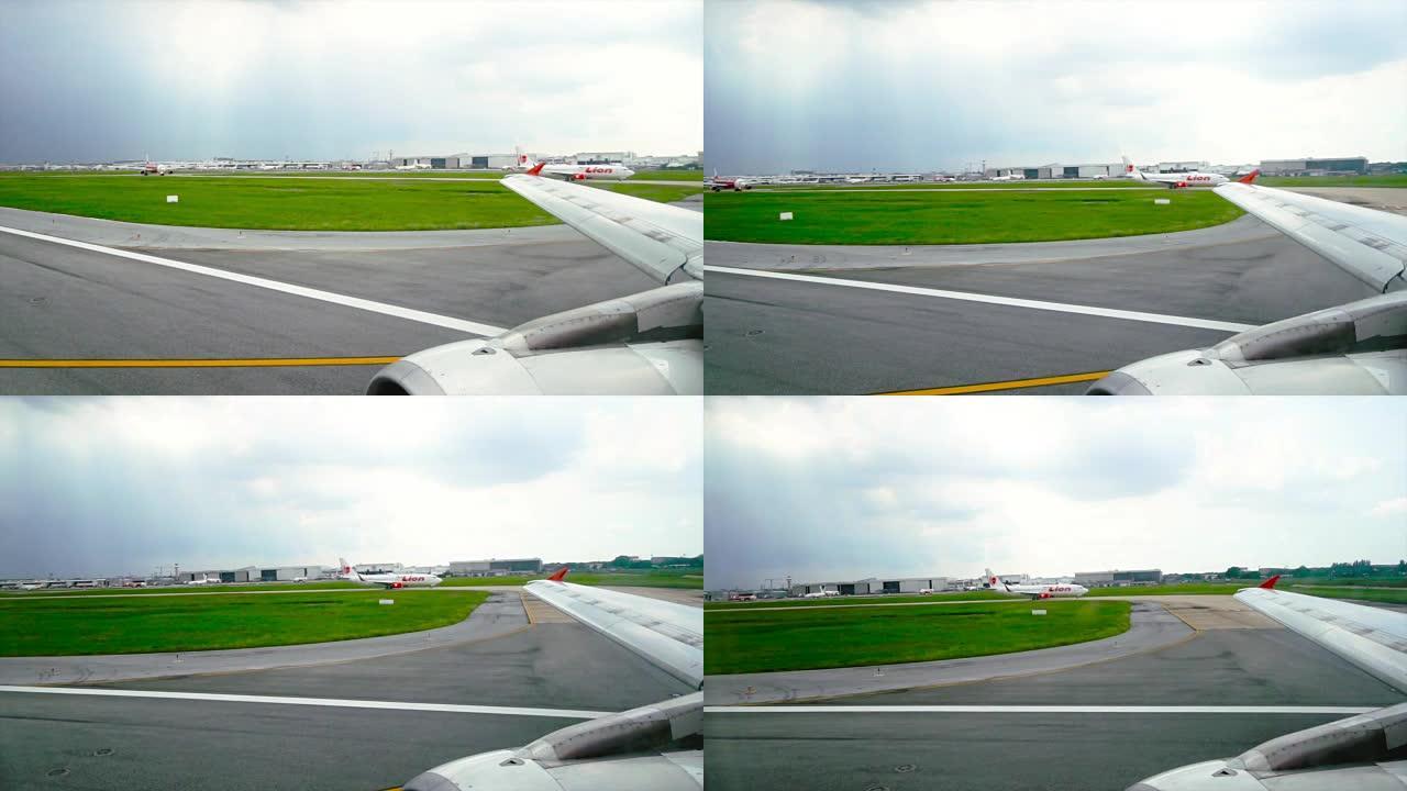 机场起飞前在跑道上飞行的4k慢动作镜头，旅行和运输概念