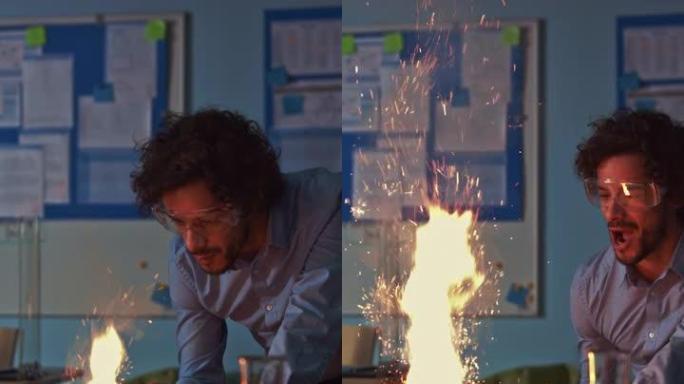 化学科学老师做实验，用火烧粉末，制造小烟花。垂直屏幕方向9:20的视频素材