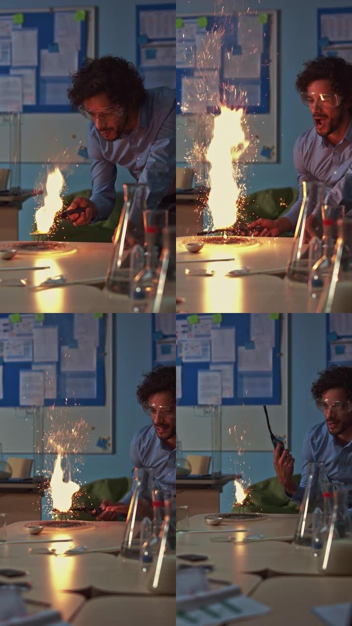 化学科学老师做实验，用火烧粉末，制造小烟花。垂直屏幕方向9:20的视频素材