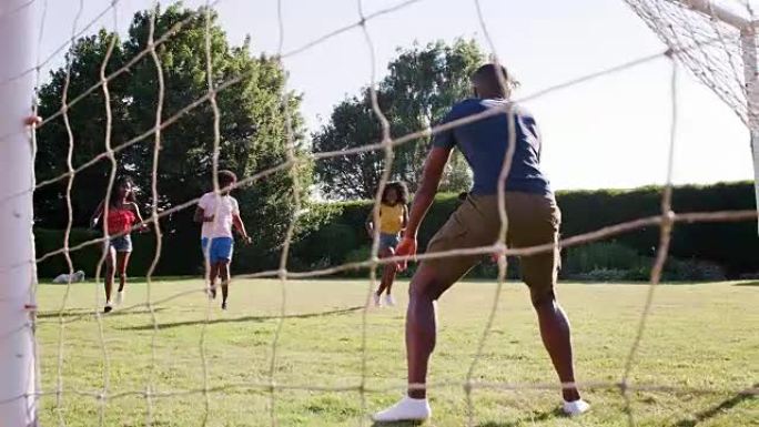 两对黑人成年夫妇在花园里踢足球