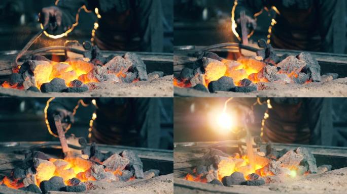 专业铁匠在forge工作时检查着火的煤。