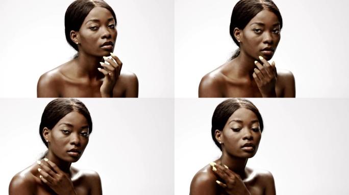 诱人的非洲民族妇女面对皮肤护理。触摸皮肤