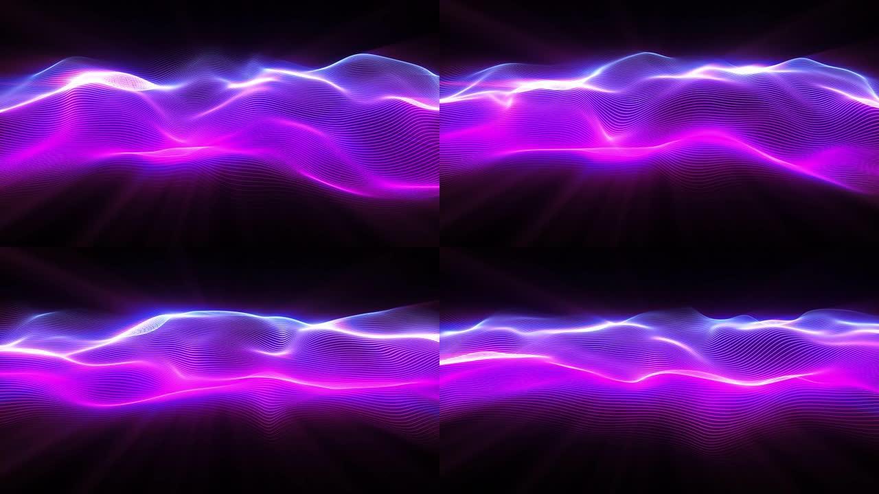 抽象波面。粒子的大数据。未来派霓虹灯发光表面。抽象运动背景。无缝循环3d渲染