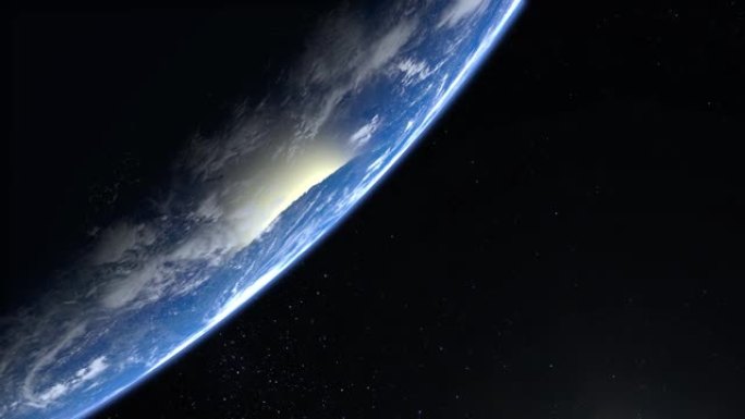 地球。从太空看。摄像机接近地球并向右旋转。星星闪烁。4K.逼真的氛围。3D体积云。框架里没有太阳。